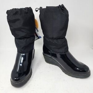 Cougar Black Patent Leather Nylon Wedge Mid Calf Waterproof‎ Boots Womens Size 7